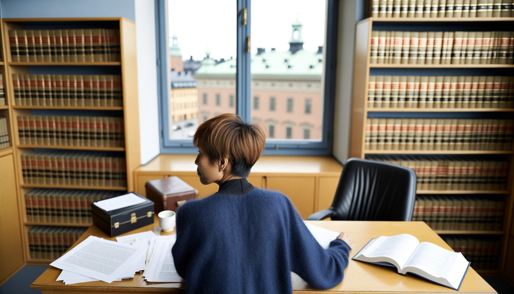 En person sedd bakifrån som arbetar vid ett skrivbord fyllt med juridiska dokument och lagböcker i ett svenskt advokatkontor med utsikt över Stockholm