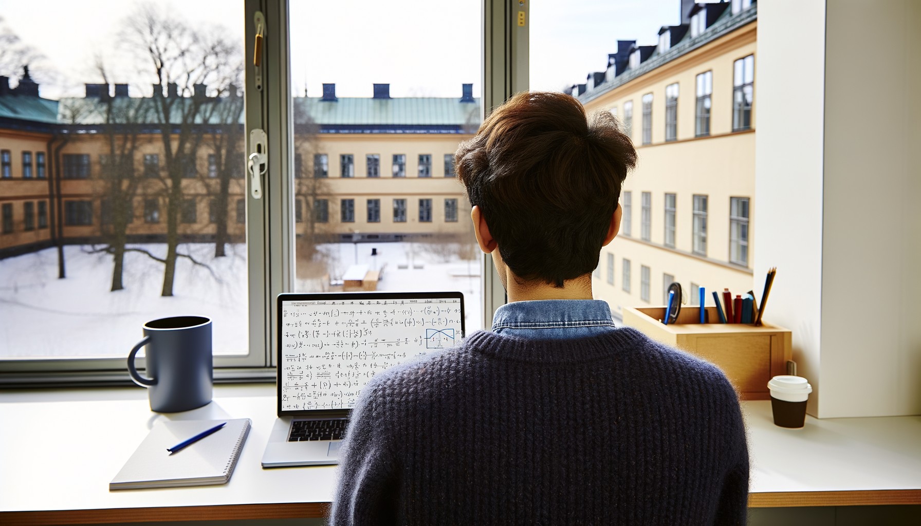 En person ses bakifrån vid ett skrivbord med en laptop som visar matematiska formler, i ett ljust universitetskontor med stora fönster mot KTH campus