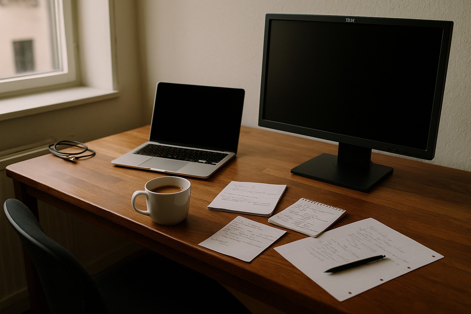 En forskare arbetar vid datorn och granskar prestanda för en ny AI-modell för taligenkänning, fotograferad över axeln i naturligt dagsljus