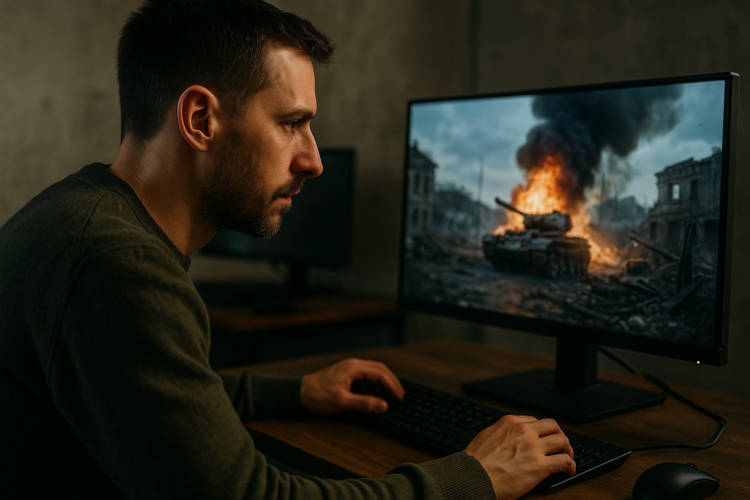 Editorial illustration som visar hur AI omvandlar verkligt krig till digitala spelliknande element, med pixlade spelelement som övergår till verkliga krigsbilder