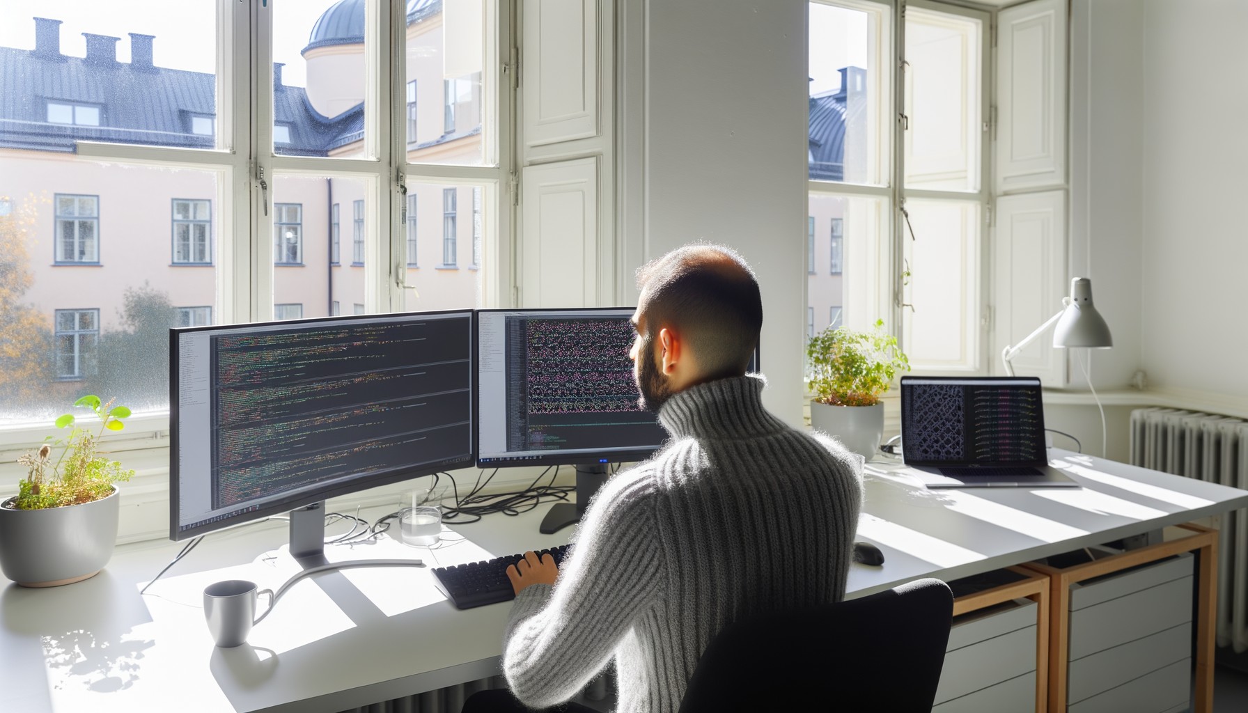 En forskare sedd bakifrån arbetar vid en dator med flera skärmar som visar text, bilder och ljuddata, i ett ljust svenskt universitetskontor