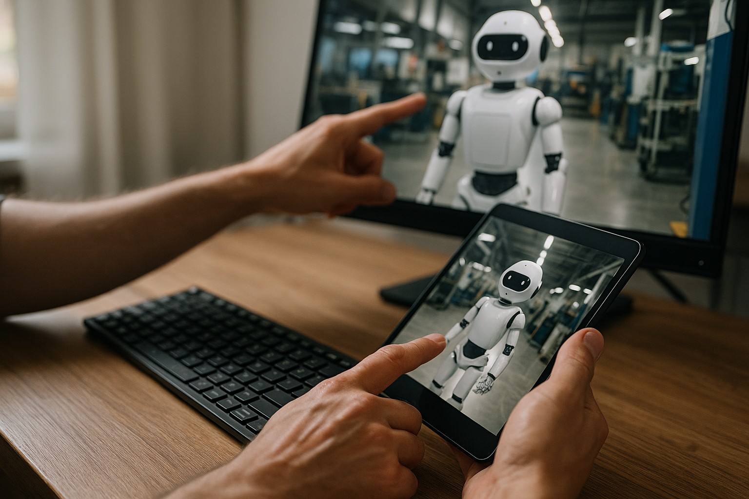 Närbild på händer som justerar komponenter på en industrirobot i ett ljust svenskt tekniklaboratorium. Robotarmen och avancerade sensorer syns tydligt på arbetsbänken.