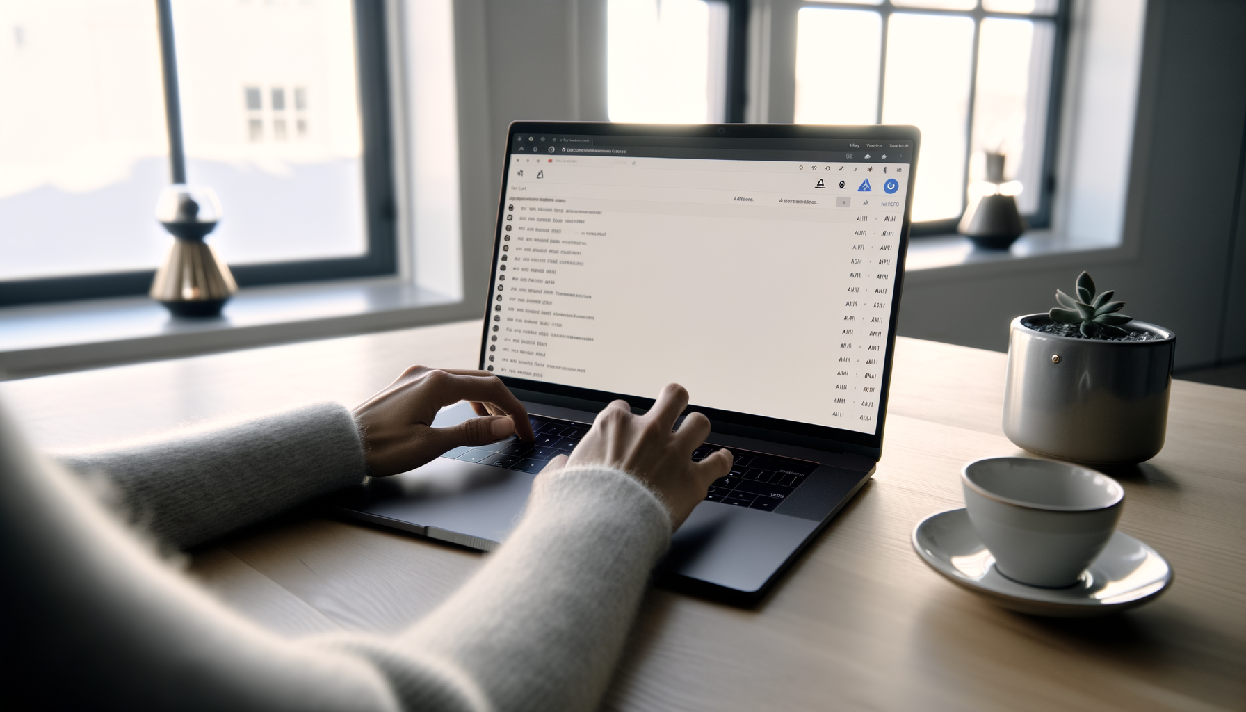 Närbild på en laptop med e-postprogram öppet, händer vid tangentbordet, på ett trä-skrivbord i modern kontorsmiljö med naturligt ljus