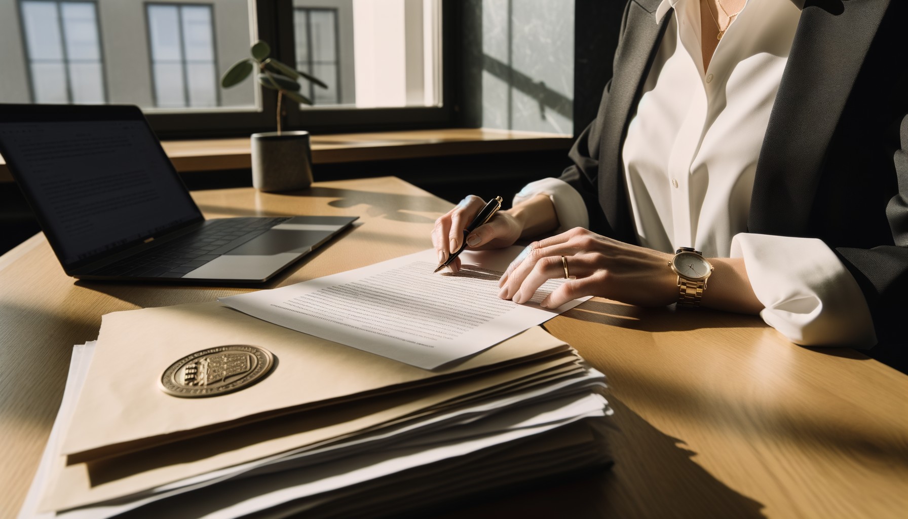 Närbilds-fotografi av händer som arbetar med juridiska dokument på ett advokatkontor, med pappershögar, laptop och penna på ett träskrivbord