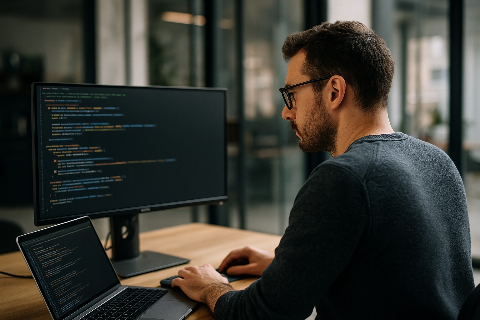 En programutvecklare sitter vid sin dator och granskar kod, fotograferad bakifrån i ett ljust svenskt kontor med stora fönster och skandinavisk design.