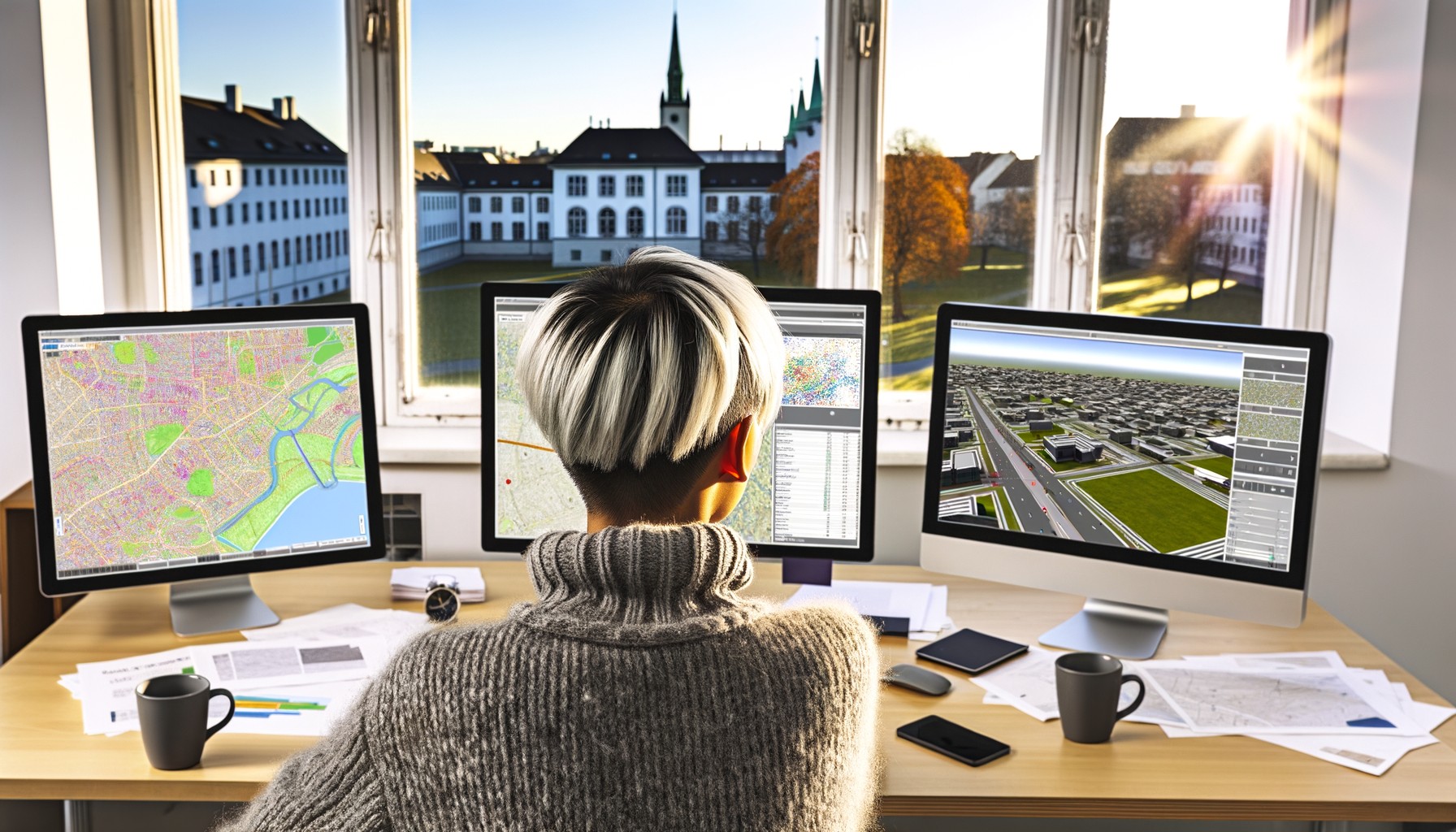 En forskare sitter vid skrivbord med flera datorskärmar som visar kartor och navigationsdata, fotograferad bakifrån i ett ljust universitetskontor