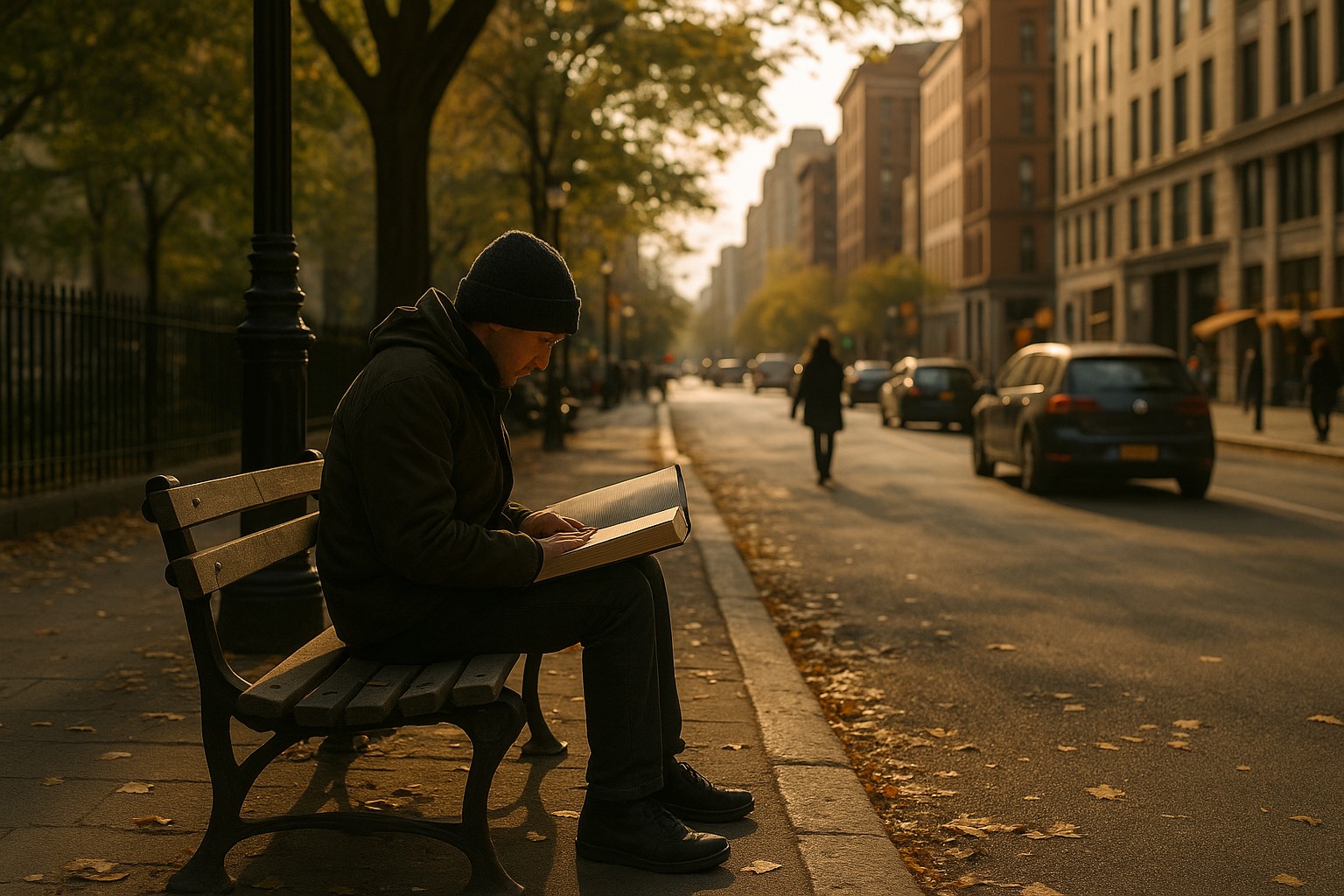 Forskare arbetar vid dator omgiven av öppna böcker och vetenskapliga artiklar på KTH:s campus, fotograferad från sidan i naturligt dagsljus