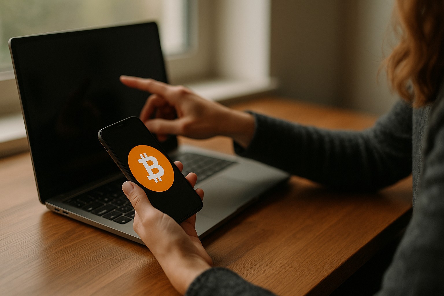 Närbild på en laptop-skärm som visar en Bitcoin-plånbok med felmeddelanden, medan händer vilar på tangentbordet