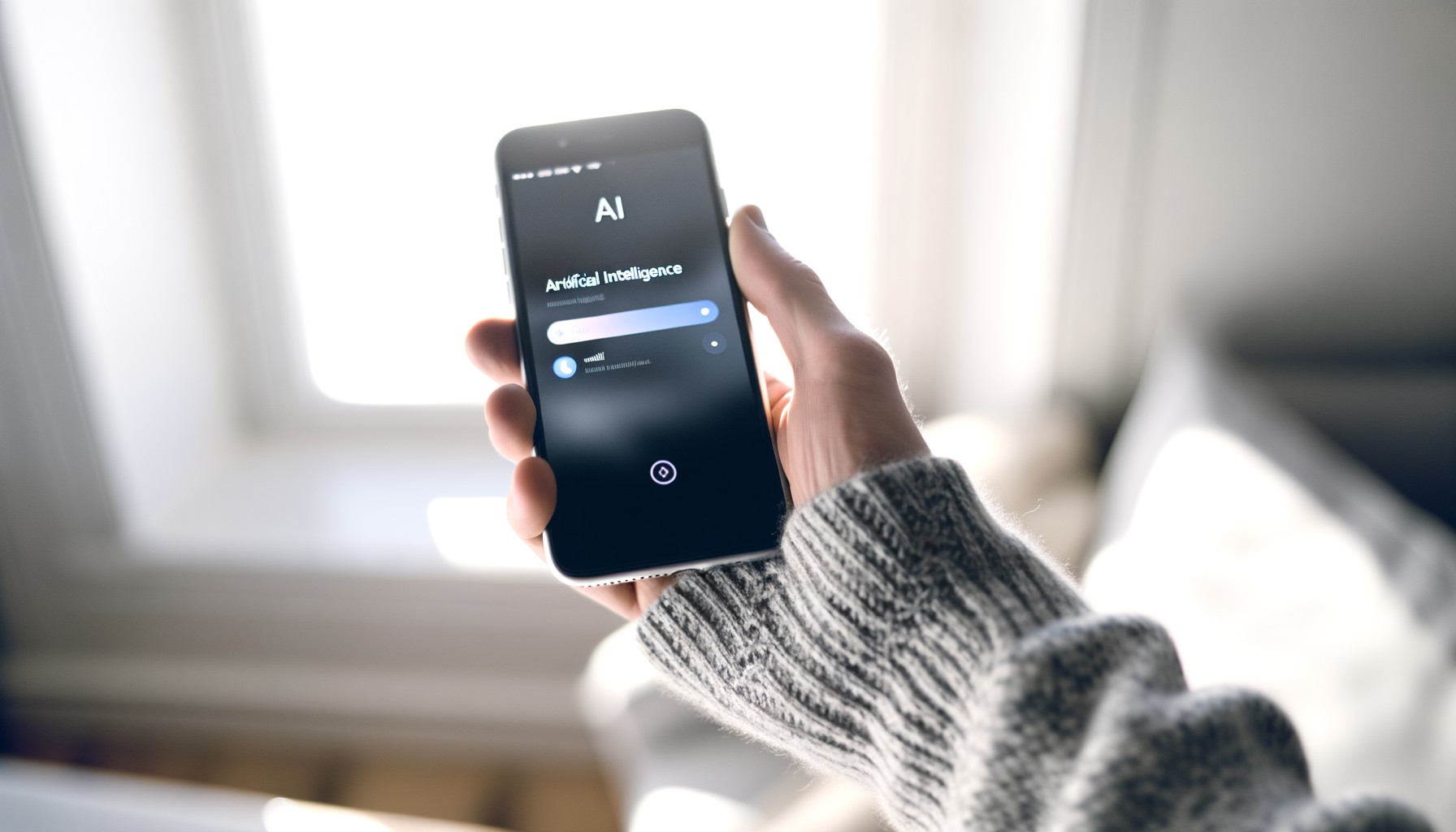 Närbild på en smartphone som visar inställningar för AI-funktioner, hållen i en persons hand med grå tröjärm synlig