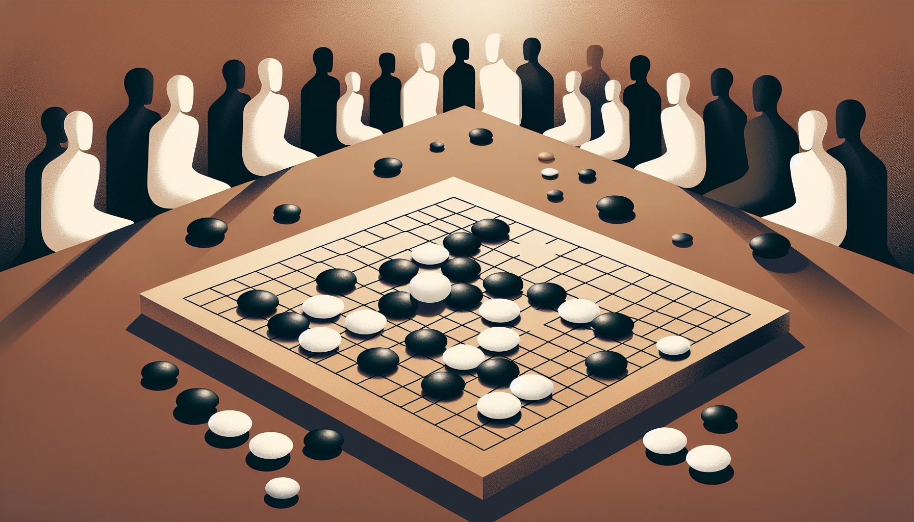 Editorial illustration som visar ett Go-bräde med svarta och vita stenar, där en vit sten i mitten symboliserar AI:s genombrott mot mänsklig expertis