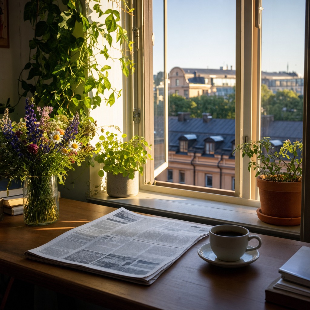 Sommarbelyst skrivbord med öppen tidning och kaffekopp i en nordisk redaktionsmiljö