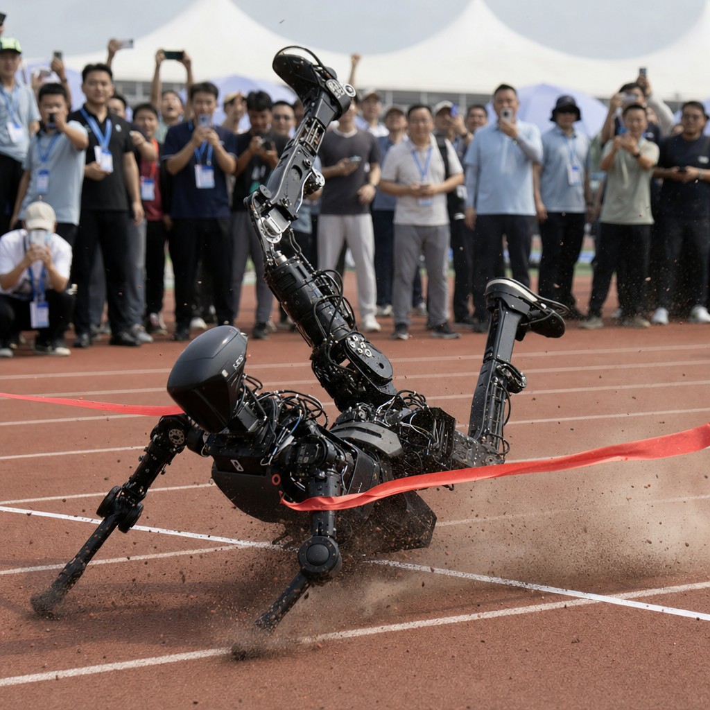 Foto till artikeln: Kinesisk robot snabbare än Usain Bolt – kraschade sedan spektakulärt efter mållinjen